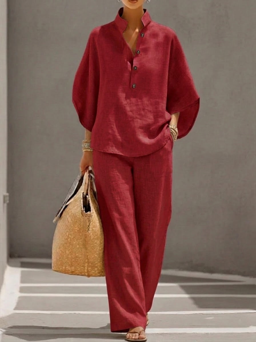 Lorena | Completo in cotone e lino con maniche a pipistrello e pantaloni ampi