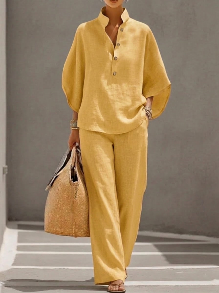 Lorena | Completo in cotone e lino con maniche a pipistrello e pantaloni ampi